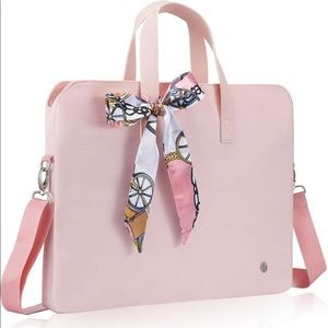 Pink nylon laptop bag with synthetic silk scarf.